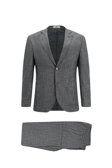 Koyu Lacivert Super Slim Fit Ekstra Dar Kesim Desenli Beli Lastikli İpli Takım Elbise