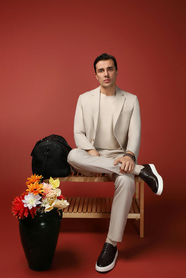 Açık Bej Slim Fit Dar Kesim Klasik Desenli Takım Elbise