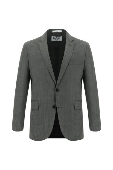 Orta Füme Slim Fit Dar Kesim Yünlü Klasik Desenli Takım Elbise