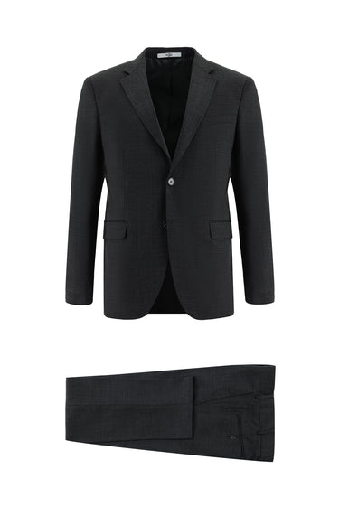 Koyu Antrasit Slim Fit Dar Kesim Yünlü Klasik Desenli Takım Elbise