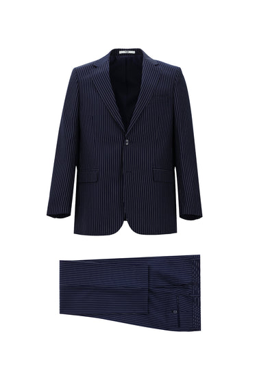 Orta Lacivert Relaxed Fit Rahat Kesim Klasik Çizgili Takım Elbise