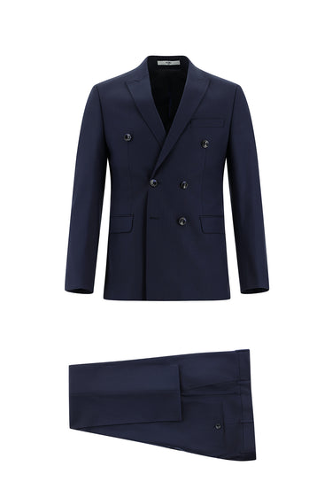 Koyu Lacivert Super Slim Fit Ekstra Dar Kesim Çizgili Kruvaze Takım Elbise