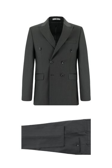 Orta Füme Slim Fit Dar Kesim Çizgili Kruvaze Takım Elbise