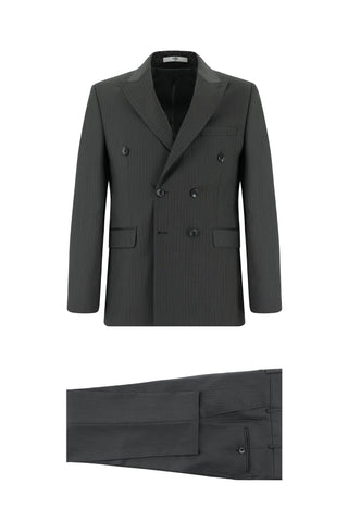 Orta Füme 7 Drop Slim Fit Dar Kesim Çizgili Kruvaze Takım Elbise