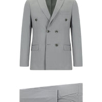 Orta Gri Super Slim Fit Ekstra Dar Kesim Çizgili Kruvaze Takım Elbise