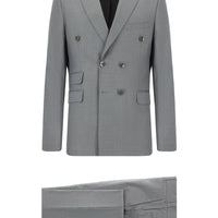 Orta Füme Super Slim Fit Ekstra Dar Kesim Çizgili Kruvaze Takım Elbise