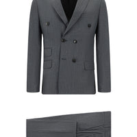 Koyu Füme Super Slim Fit Ekstra Dar Kesim Çizgili Kruvaze Takım Elbise