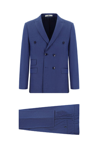 Açık Lacivert 7 Drop Super Slim Fit Eksra Dar Kesim Çizgili Kruvaze Takım Elbise