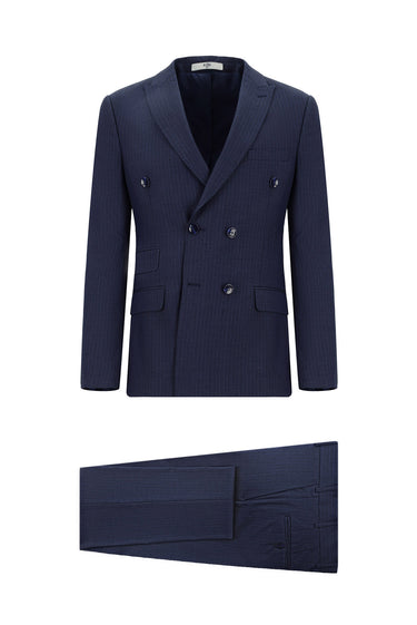 Orta Lacivert Super Slim Fit Ekstra Dar Kesim Çizgili Kruvaze Takım Elbise