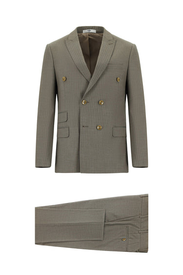 Açık Kahve Super Slim Fit Ekstra Dar Kesim Çizgili Kruvaze Takım Elbise