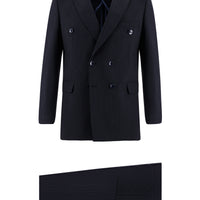 Koyu Lacivert Slim Fit Dar Kesim Kruvaze Çizgili Takım Elbise
