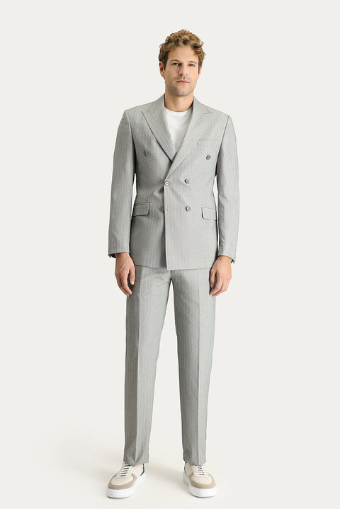 Orta Gri 7 Drop Slim Fit Dar Kesim Kruvaze Çizgili Takım Elbise
