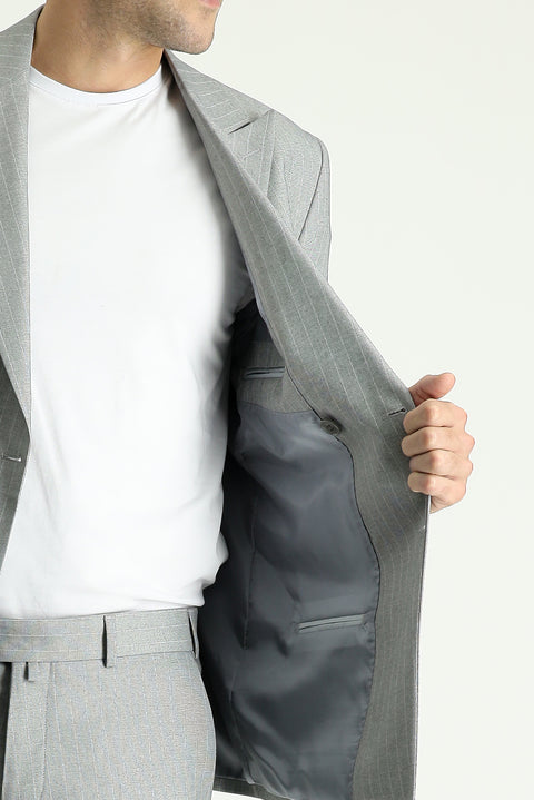Orta Gri 7 Drop Slim Fit Dar Kesim Kruvaze Çizgili Takım Elbise