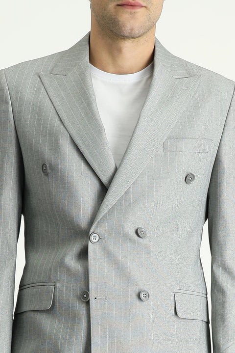 Orta Gri 7 Drop Slim Fit Dar Kesim Kruvaze Çizgili Takım Elbise