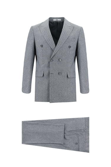 Orta Füme Slim Fit Dar Kesim Kruvaze Çizgili Takım Elbise