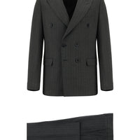 Koyu Antrasit Slim Fit Dar Kesim Çizgili Kruvaze Takım Elbise