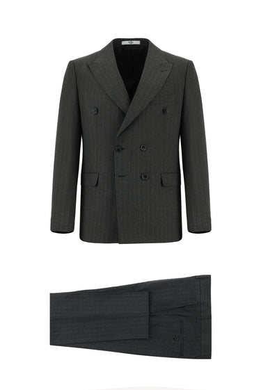 Koyu Antrasit Slim Fit Dar Kesim Çizgili Kruvaze Takım Elbise