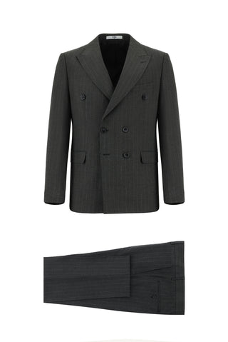 Koyu Antrasit 7 Drop Slim Fit Dar Kesim Çizgili Kruvaze Takım Elbise