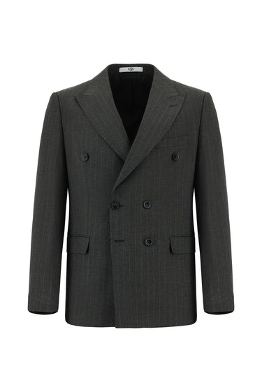 Koyu Antrasit Slim Fit Dar Kesim Çizgili Kruvaze Takım Elbise