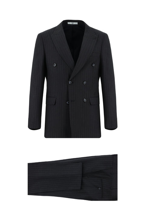 Koyu Lacivert 7 Drop Slim Fit Dar Kesim Çizgili Kruvaze Takım Elbise