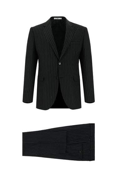 Siyah Slim Fit Dar Kesim Klasik Çizgili Takım Elbise
