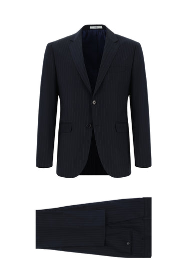 Koyu Lacivert Slim Fit Dar Kesim Klasik Çizgili Takım Elbise