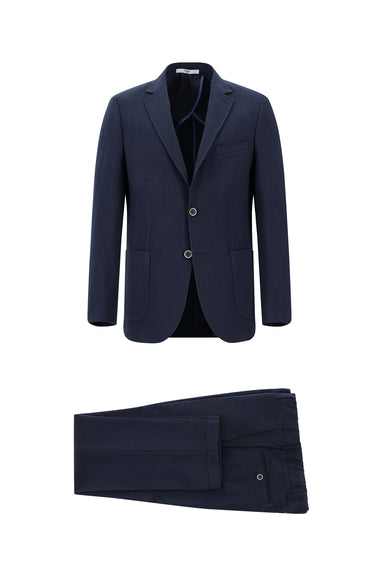 Koyu Lacivert Slim Fit Dar Kesim Çizgili Beli Lastikli İpli Takım Elbise