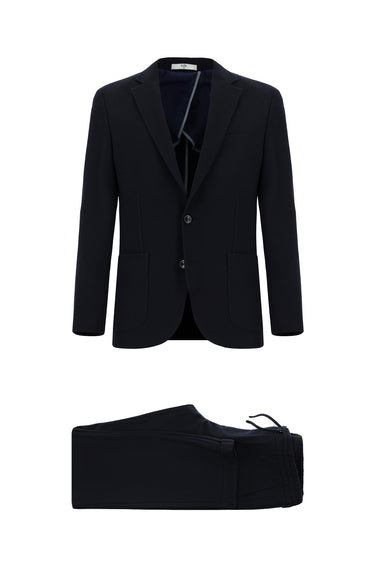 Siyah Lacivert Slim Fit Dar Kesim Çizgili Beli Lastikli İpli Takım Elbise