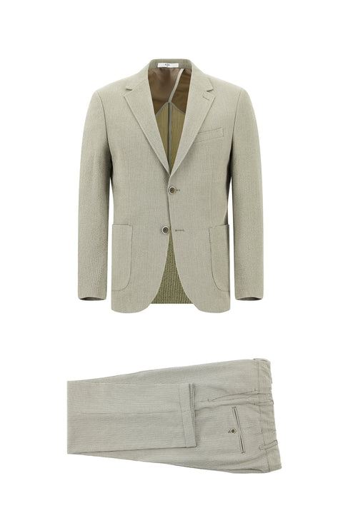 Koyu Bej 7 Drop Slim Fit Dar Kesim Çizgili Beli Lastikli İpli Takım Elbise