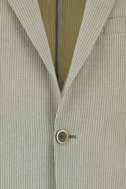 Koyu Bej 7 Drop Slim Fit Dar Kesim Çizgili Beli Lastikli İpli Takım Elbise