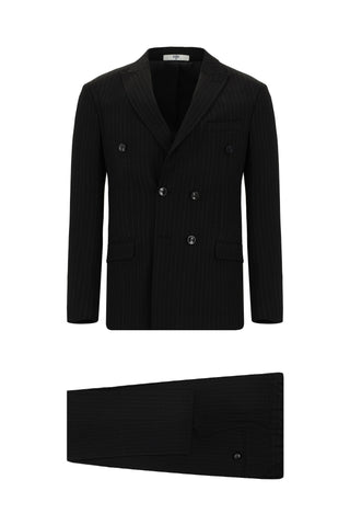 Siyah 7 Drop Super Slim Fit Eksra Dar Kesim Çizgili Beli Lastikli İpli Kruvaze Takım Elbise