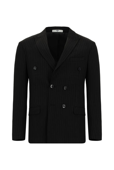 Siyah Super Slim Fit Ekstra Dar Kesim Çizgili Beli Lastikli İpli Kruvaze Takım Elbise