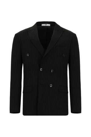 Siyah 7 Drop Super Slim Fit Eksra Dar Kesim Çizgili Beli Lastikli İpli Kruvaze Takım Elbise