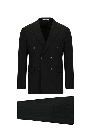 Siyah Regular Fit Çizgili Kruvaze Takım Elbise