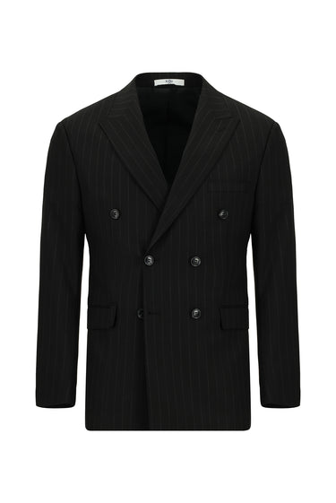 Siyah Regular Fit Çizgili Kruvaze Takım Elbise