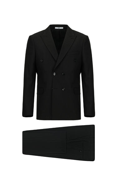 Siyah Regular Fit Çizgili Kruvaze Takım Elbise