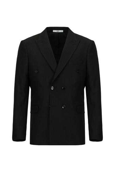 Siyah Regular Fit Çizgili Kruvaze Takım Elbise