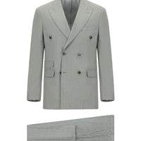 Orta Gri Slim Fit Dar Kesim Çizgili Kruvaze Takım Elbise