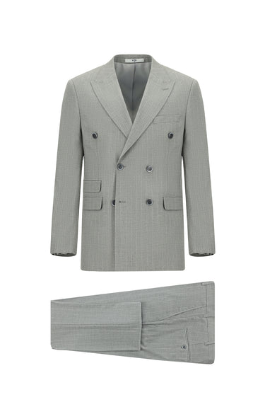 Orta Gri Slim Fit Dar Kesim Çizgili Kruvaze Takım Elbise