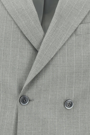 Orta Gri Slim Fit Dar Kesim Çizgili Kruvaze Takım Elbise