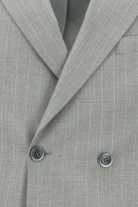 Orta Gri 7 Drop Slim Fit Dar Kesim Çizgili Kruvaze Takım Elbise