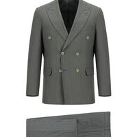 Orta Füme Slim Fit Dar Kesim Çizgili Kruvaze Takım Elbise