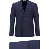 Orta Lacivert Slim Fit Dar Kesim Çizgili Kruvaze Takım Elbise