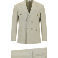 Açık Vizon Slim Fit Dar Kesim Çizgili Kruvaze Takım Elbise