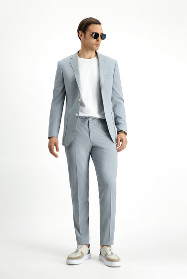 Orta Gri Super Slim Fit Ekstra Dar Kesim Çizgili Beli Lastikli İpli Gofre Takım Elbise