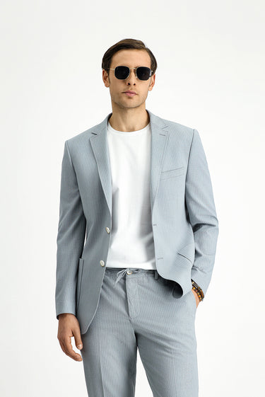 Orta Gri Super Slim Fit Ekstra Dar Kesim Çizgili Beli Lastikli İpli Gofre Takım Elbise
