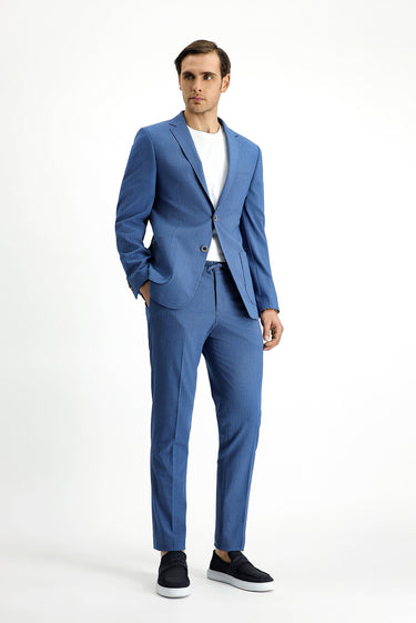 İndigo Super Slim Fit Ekstra Dar Kesim Çizgili Beli Lastikli İpli Gofre Takım Elbise