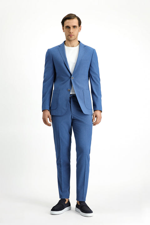 İndigo 7 Drop Super Slim Fit Eksra Dar Kesim Çizgili Beli Lastikli İpli Gofre Takım Elbise