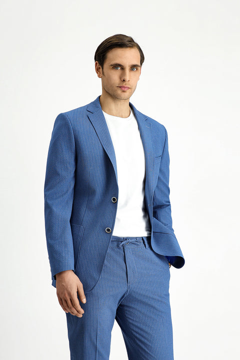 İndigo 7 Drop Super Slim Fit Eksra Dar Kesim Çizgili Beli Lastikli İpli Gofre Takım Elbise