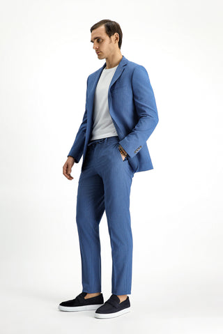 İndigo 7 Drop Super Slim Fit Eksra Dar Kesim Çizgili Beli Lastikli İpli Gofre Takım Elbise